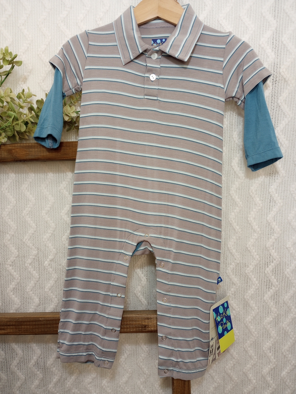 Kickee Pants Gray and Blue Striped Polo One-Piece 6 - 12 Months